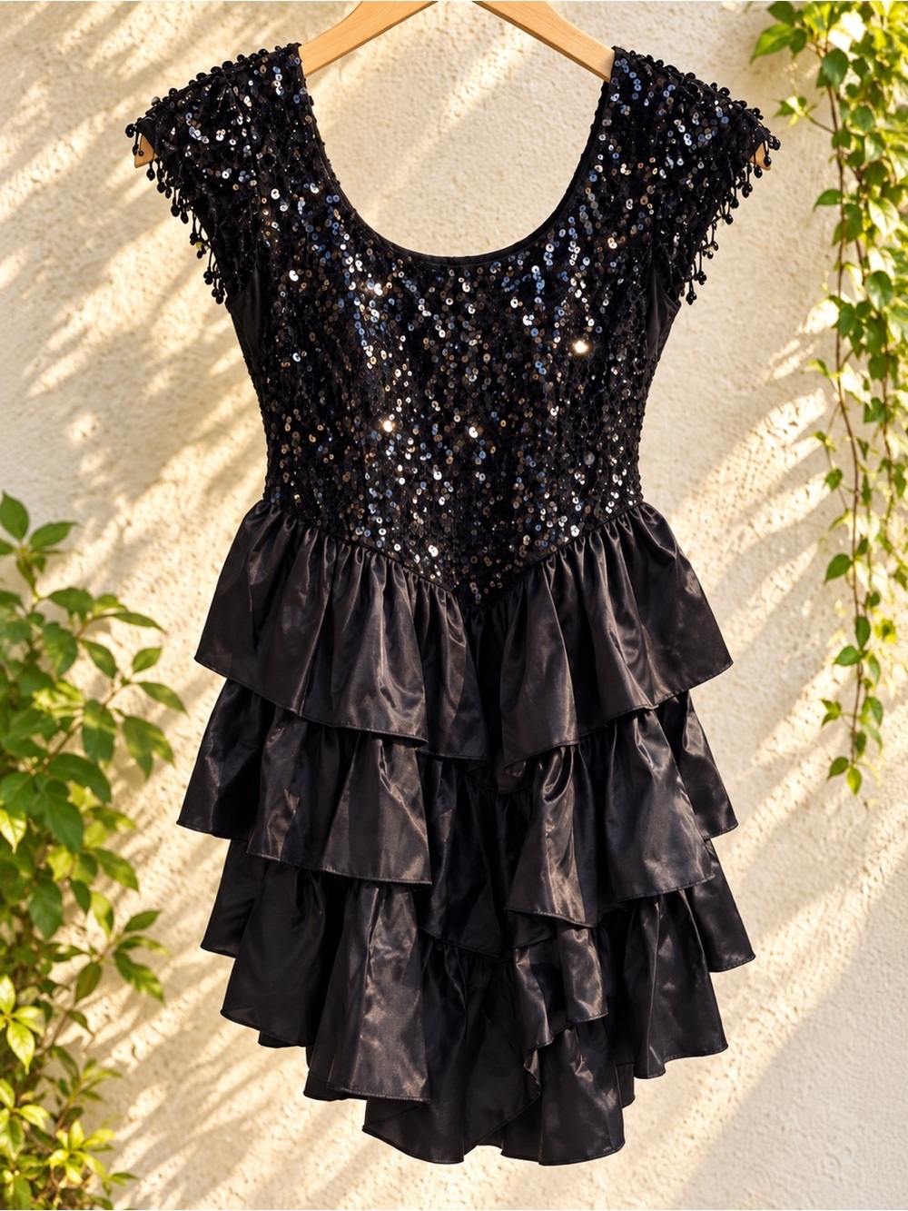 🖤 Vintage Black Sequin Ruffle Party Prom Date Dress • Size 11J Glam Holiday LBD